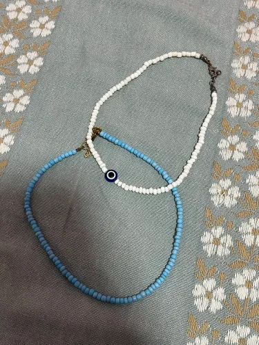 Cordão de miçangas - azul e olho grego