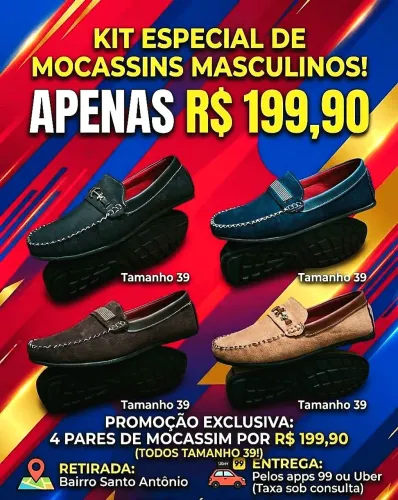 Kit 4 Pares de Sapatos Mocassim Masculino