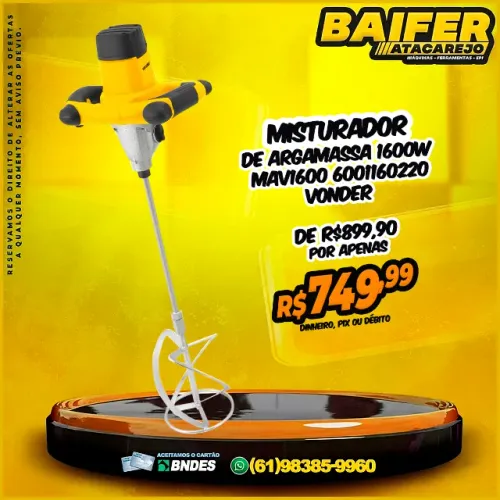 Misturador Elétrico de Argamassa 1600w MAV1600 6001160220 Vonder