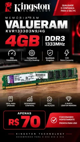 Memória RAM Kingston 4GB DDR3 1333MHz Desktop