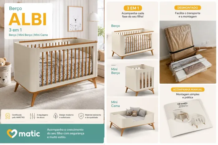 Berço Matic Albi 3 em 1 | Design Moderno | Excelente Estado