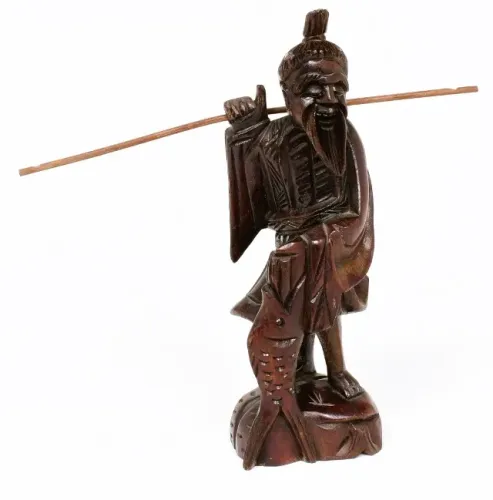 Escultura Entalhada Em Único Bloco De Madeira Ancião pescador Chinês