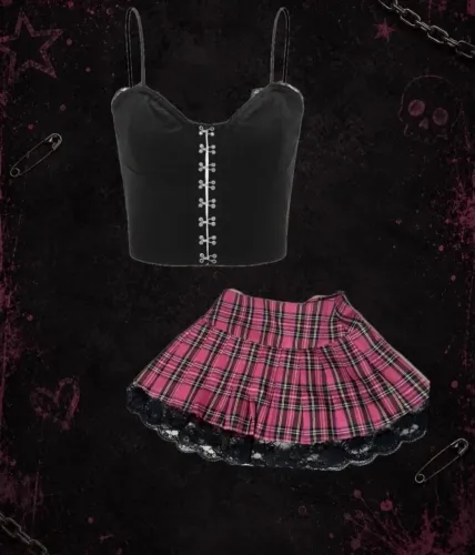 conjunto cropped + saia xadrez alternativa  festa junina goth y2k