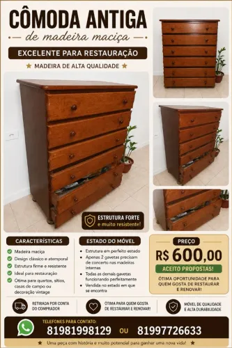 Cômoda Antiga de Madeira Maciça - Excelente para Restauração | Madeira de Alta Qualidade