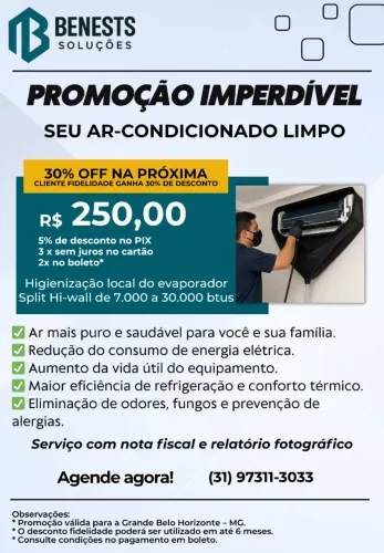 Higienização ar-condicionado Split Hi-wall de 7.000 a 30.000 btus