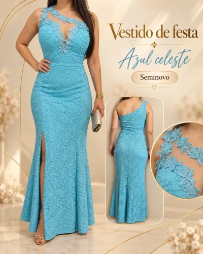 Vestido Longo Azul celeste em Renda