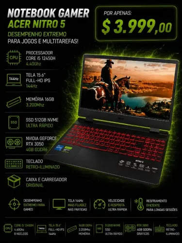 Acer Nitro 5 i5 12450H 4.4Ghz / Mem 16Gb / SSD 512Gb / RTX 3050 4Gb / Tela 15,6" IPS 144Hz