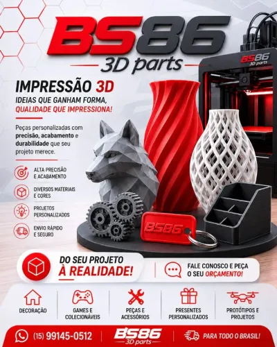 Peças, acessórios, colecionáveis e chaveiros em impressão 3D.
