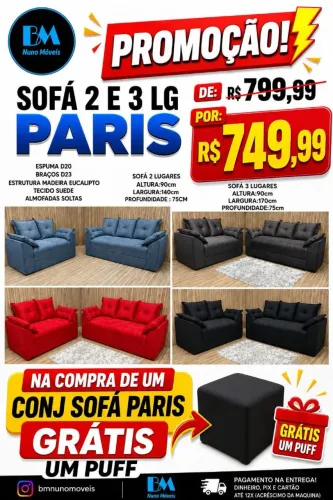 Sofá 2 e 3 lugares Paris grátis puff