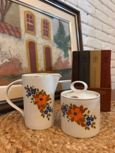 Conjunto Vintage Leiteira e Açucareiro Porcelana Schmidt - Estampa Floral Anos 70