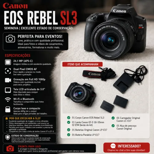 Canon Sl3 + lente do kit 18-55 mm + 2 baterias