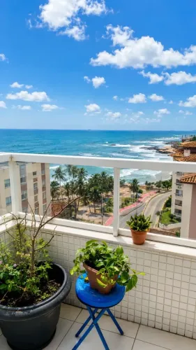 Apartamento 1/4 vista mar com varanda 50m2 e serviço de camareira em Ondina