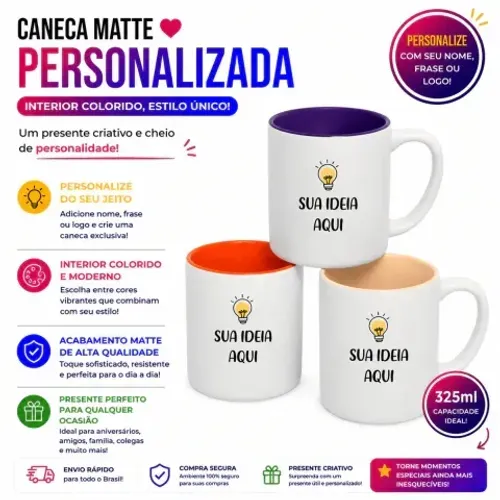 Caneca Matte Personalizada - Interior Colorido + Presente Único para Todas as Ocasiões!