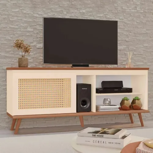 Rack Marselha 100% MDF 1 Porta 3 Nichos e Pés Estilo Retrô