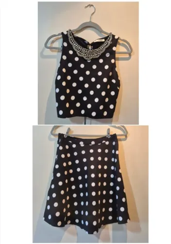 Conjunto de blusa cropped e saia preta de poá juvenil feminino tam. M