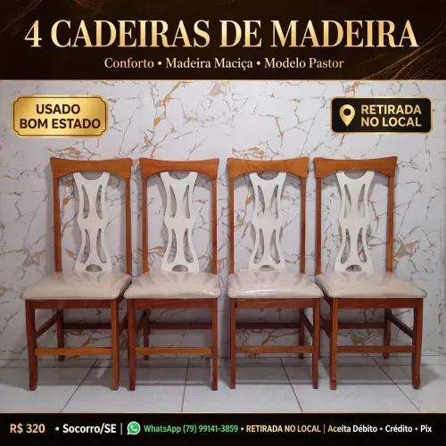 4 CADEIRAS DE MADEIRA MACIÇA MODELO PASTOR - USADO EM BOM ESTADO