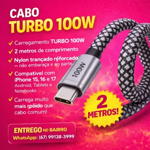 Cabo USB-C TURBO 100W 2 Metros Carregamento Rápido Power Delivery Nylon Trançado Reforçado