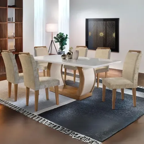 Mesa Jade 180 Canto Reto Imbuia/Off White com 6 Cadeiras tt43