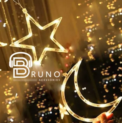Cascata de led estrela e lua branco quente 8 funções Natal 