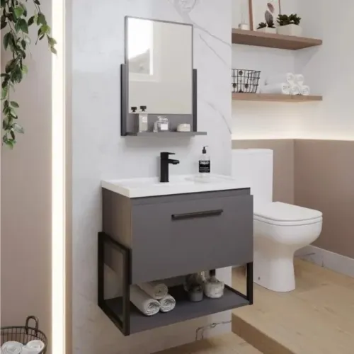 Gabinete 60 cm para Banheiro Metalo com Cuba e Espelheira, 100% MDF (Novo)