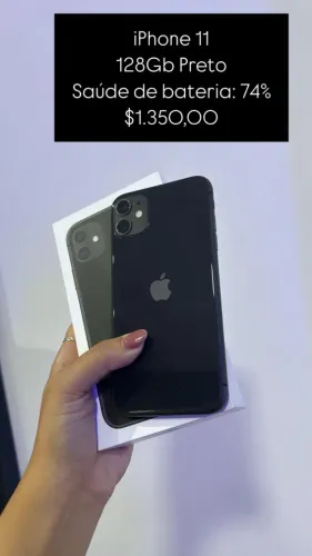 iPhone 11 / 128GB / Preto / Saúde de bateria 74% / R$ 1.350,00