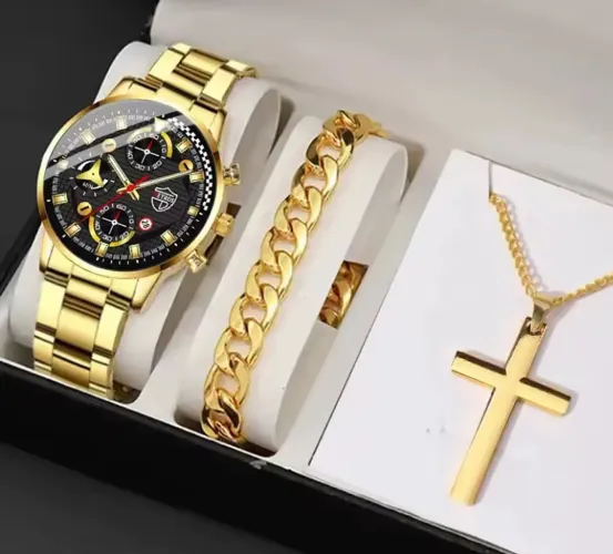  Relógio masculino dourado  com Pulseira e Colar Cruz!