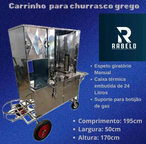 Carrinho de churrasco grego inox completo com sistema de gás e infra vermelho em até 10x 