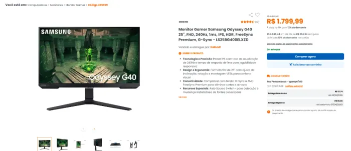 Monitor Gamer Samsung G40 240Hz 25" Premium