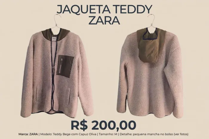 Jaqueta Teddy Zara M Oversized - Unissex na modelagem - Bege com capuz oliva