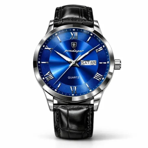 Lindo Relogio Poedagar Luxo Classico F683 Silver BLUE Luxury Pulseira Couro Preta Social