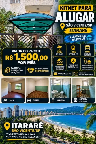 Kitnet para Alugar no Itararé - Direto com Proprietário - 2 min da Praia