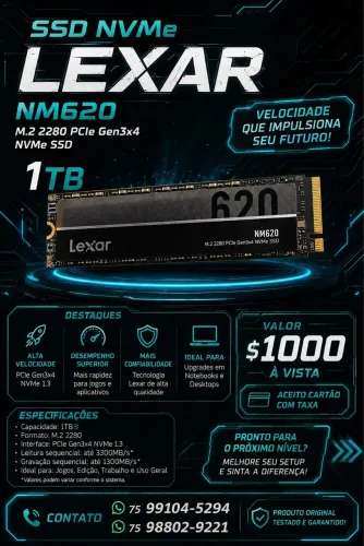 ? SSD NVMe Lexar NM620 1TB - Alta Velocidade e Desempenho! ?
