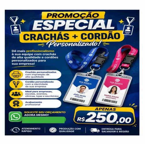 10 crachás + cordão personalizado para empresas
