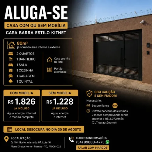 Casa 2 Quartos em Palmas - R$ 1.228 - Sem Caução e Fiador