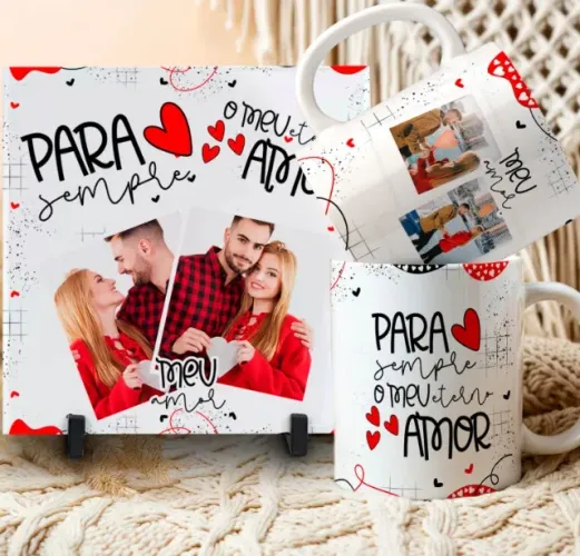 Kit Caneca, Almofada, e Azulejo dia dos Namorados Personalizadas