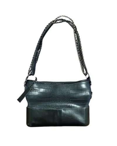 Bolsa de Ombro Le Lis Blanc Preta - Couro com Textura Croco e Alça de Corrente