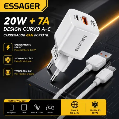 Kit Carregador Turbo Essager GaN 20W Original | USB-C PD + USB QC 3.0 | Cabo Tipo C Inclus