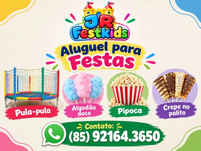 Locação de pula-pula, algodão doce, pipoca e crepe no palito.