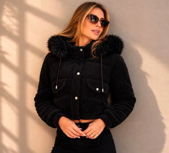 jaqueta feminina puffer veludo cotelê preta