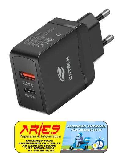 CARREGADOR RÁPIDO 20W 1 USB QUICK CHARGE 1 TIPO C POWER DELIVERY C3TECH UC-P200BK