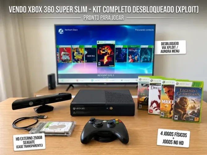 Xbox 360 Super Slim - com kinect - Kit Completo xploit