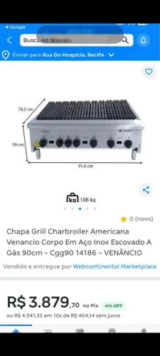 Chapa Char Broiler A Gás Grill Americana Industrial 90cm Venâncio CCG90