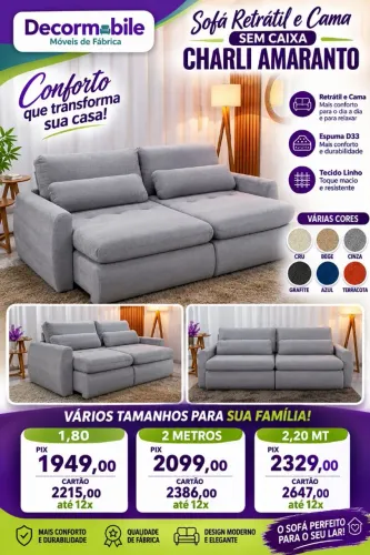 Sofá retrátil sem caixa Amaranto 1,80 a 2,20 em linho
