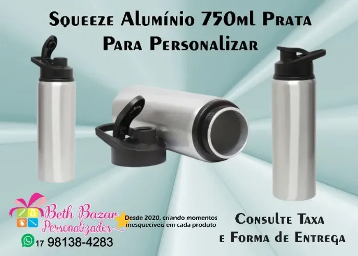 Squeeze 750ml Prata para Personalizar - Beth Bazar e Personalizados