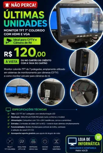 Monitor TFT colorido de 7 polegadas