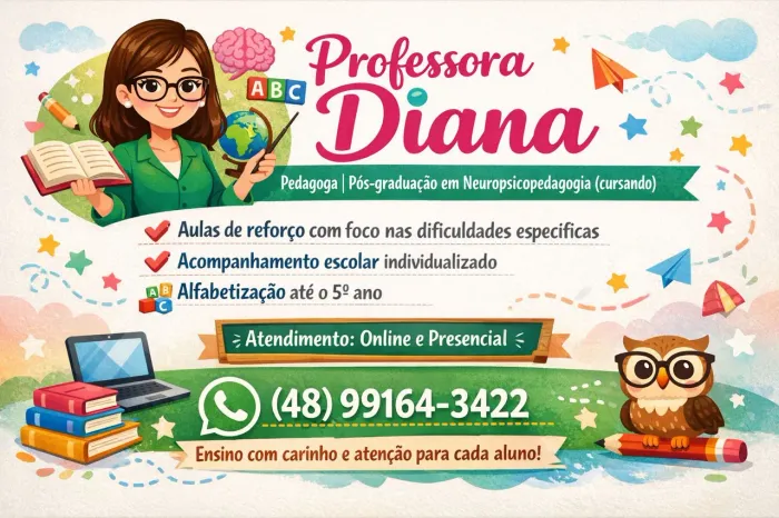 Atendimento especializado e individualizado. Professora de reforço do infantil ao 5 ano.