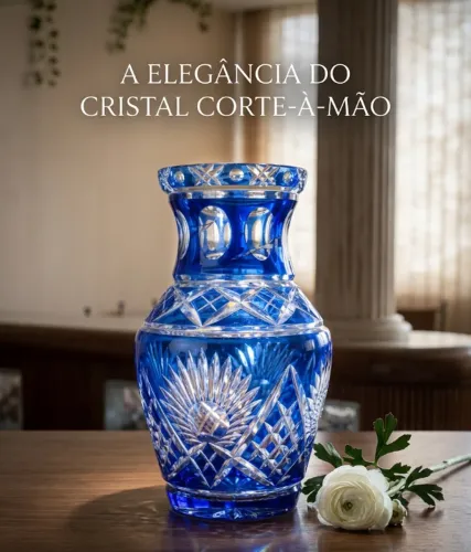 Vaso em Cristal Azul Lapidado à Mão, origem: Boêmia | Peça Decorativa de Destaque
