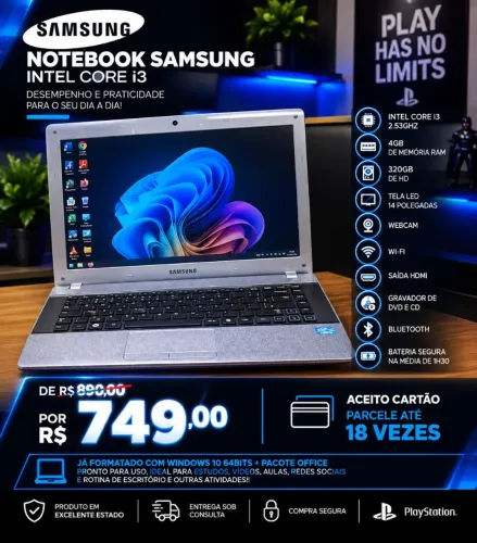Notebook Samsung intel core i3 2.53ghz, 320GB HD 4GB RAM , WINDOWS 10, bateria boa