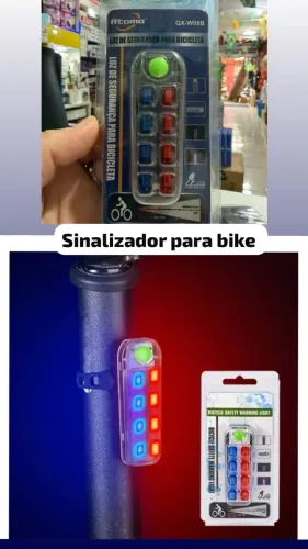 sinalizador de segurança para bicicleta possui LEDs nas cores vermelha e azul.