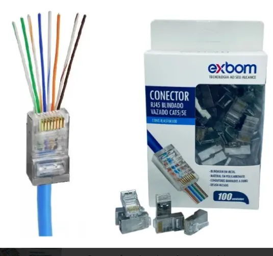 Conector Rj45 Blindado Macho Cat5e Comp. Cat6 Vazado 100un